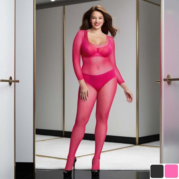 Plus Queen Fishnet Bodystocking Womens Black or Pink  Long Sleeve Hosiery - Picture 1 of 7